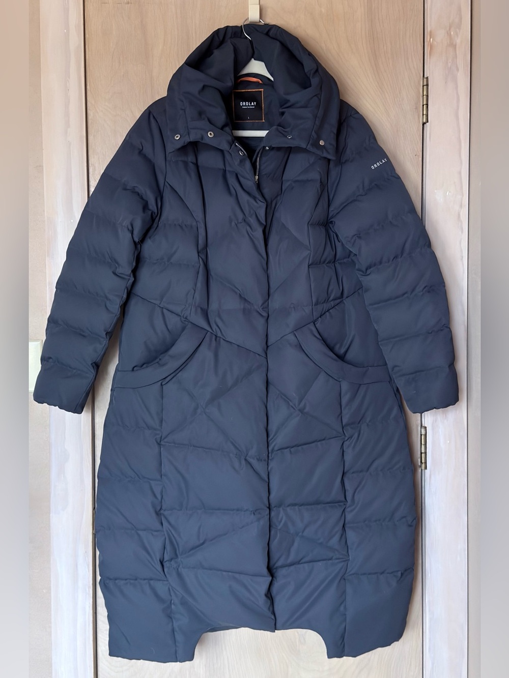 Orolay Long Maxi Down Puffer Coat Navy Blue Hooded Zip Snaps Women’s L Warm